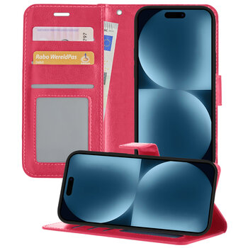 Betaalbare Hoesjes Apple iPhone 15 Hoesje Book Case Kunstleer Cover Hoes - Donkerroze