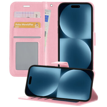 Betaalbare Hoesjes Apple iPhone 15 Hoesje Book Case Kunstleer Cover Hoes - Lichtroze