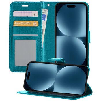 Apple iPhone 15 Hoesje Book Case Kunstleer Cover Hoes - Turquoise