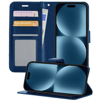 Betaalbare Hoesjes Apple iPhone 15 Pro Hoesje Book Case Kunstleer Cover Hoes - Donkerblauw