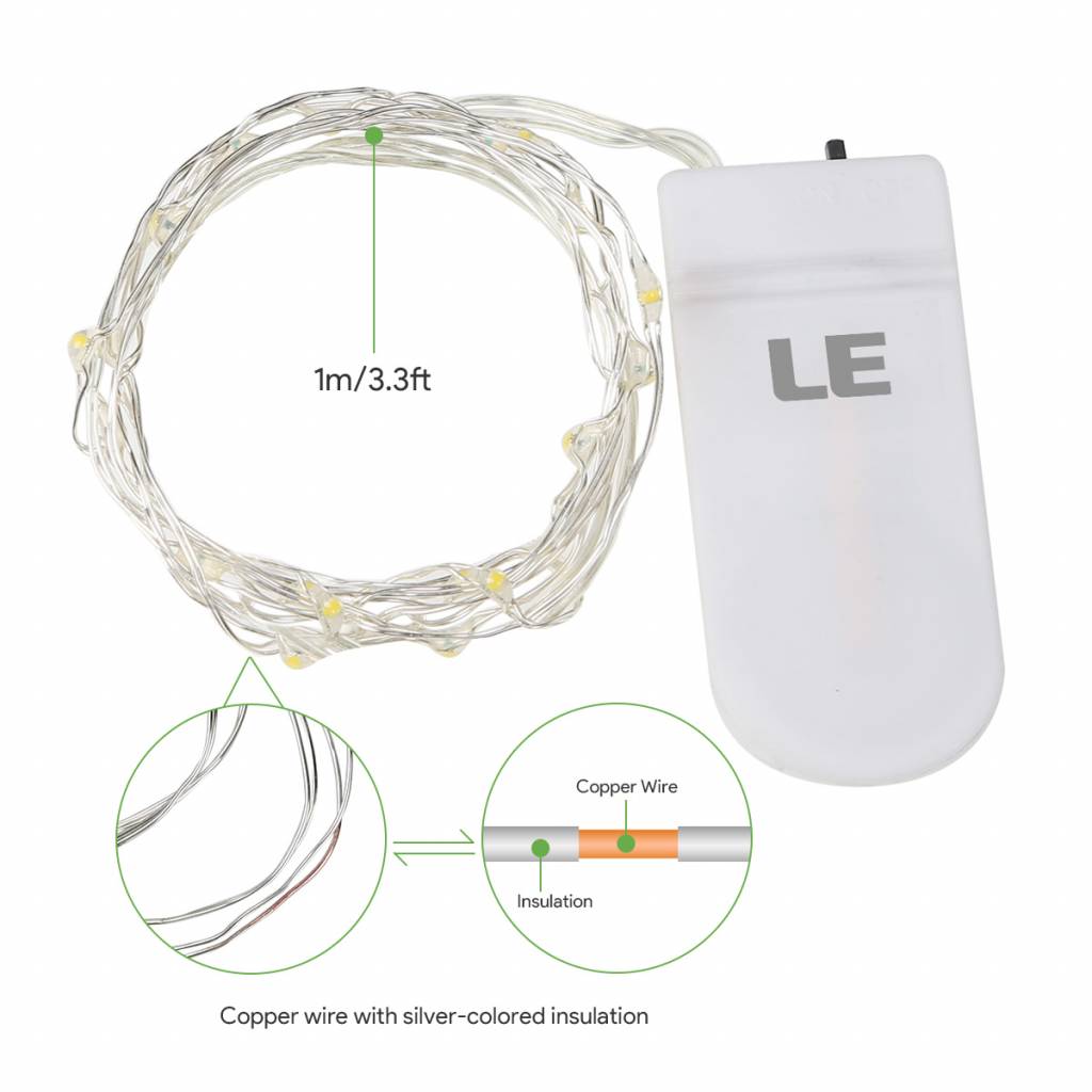 8er Set, 120cm Micro LED Lichterkette Kupferdraht Warmweiß, 20 LEDs, Batteriebetrieb