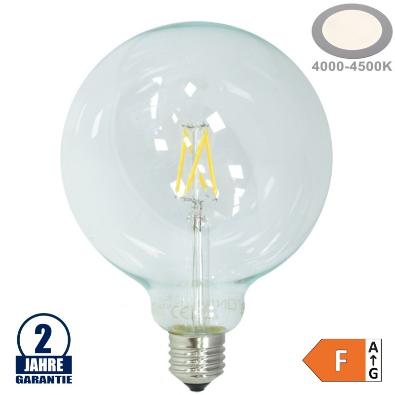 4W LED FILAMENT E27 G125 Birne Glas 400 Lumen Neutralweiß