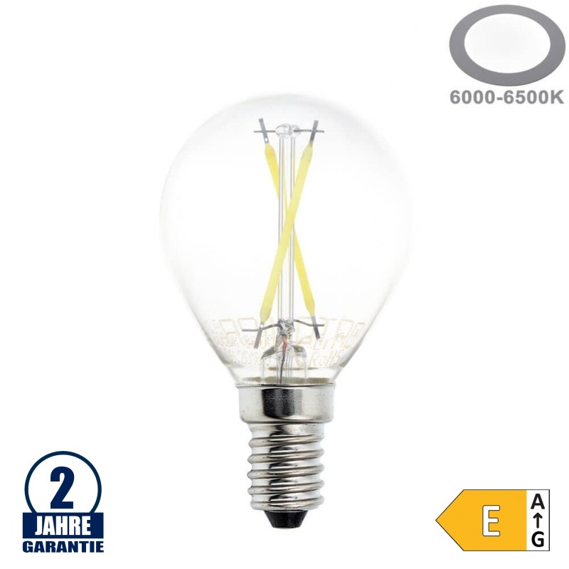 2W LED FILAMENT E14 G45 Birne Glas 200 Lumen Kaltweiß