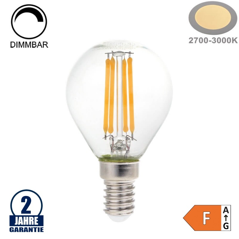 4W LED FILAMENT E14 G45 Birne Glas 400 Lumen Warmweiß Dimmbar
