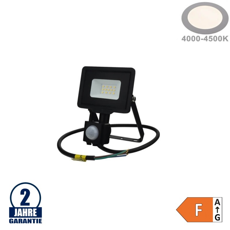 10W LED SMD Fluter mit Bewegungsmelder und 70cm Kabel Schwarz Neutralweiß