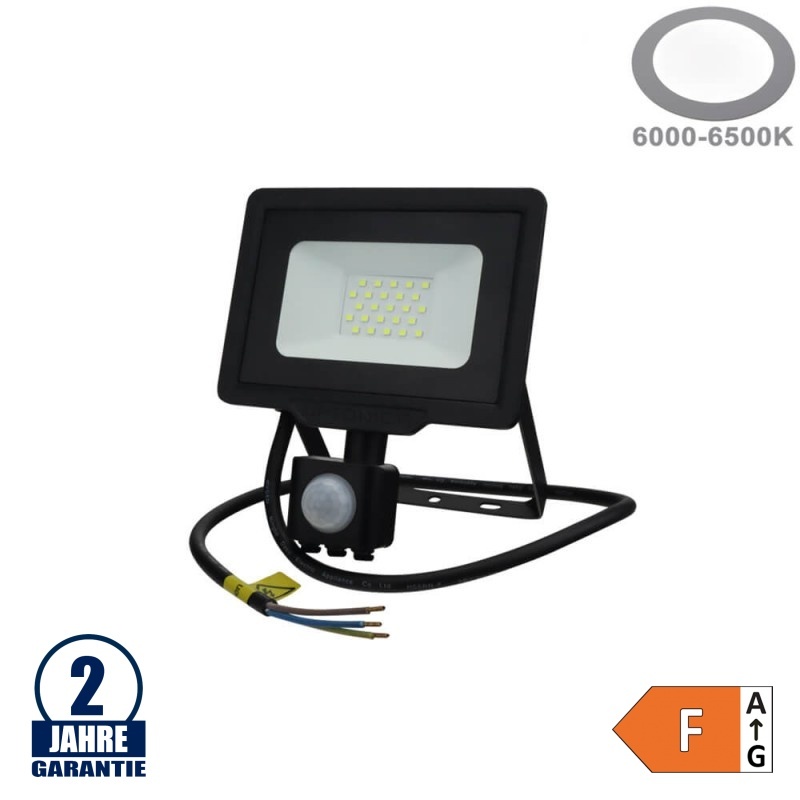 20W LED SMD Fluter mit Bewegungsmelder und 70cm Kabel Schwarz Kaltweiß
