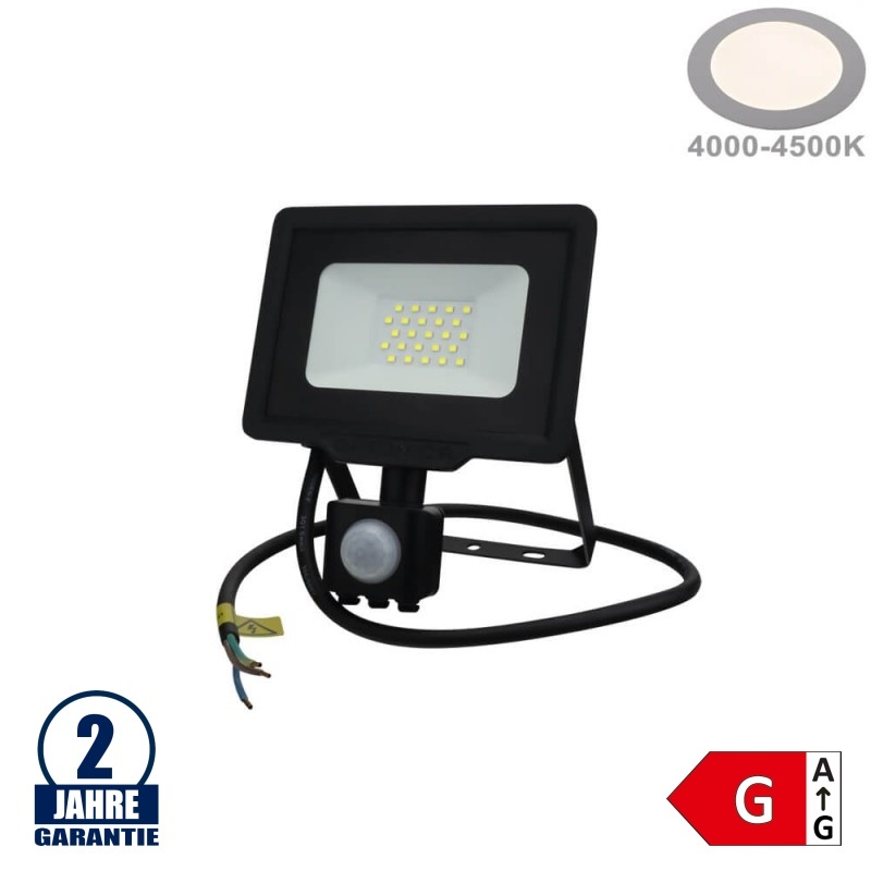 20W LED SMD Fluter mit Bewegungsmelder und 70cm Kabel Schwarz Neutralweiß