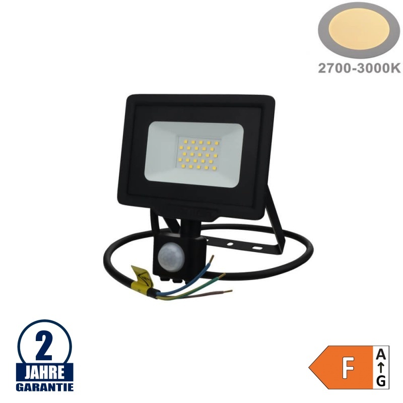 20W LED SMD Fluter mit Bewegungsmelder und 70cm Kabel Schwarz Warmweiß