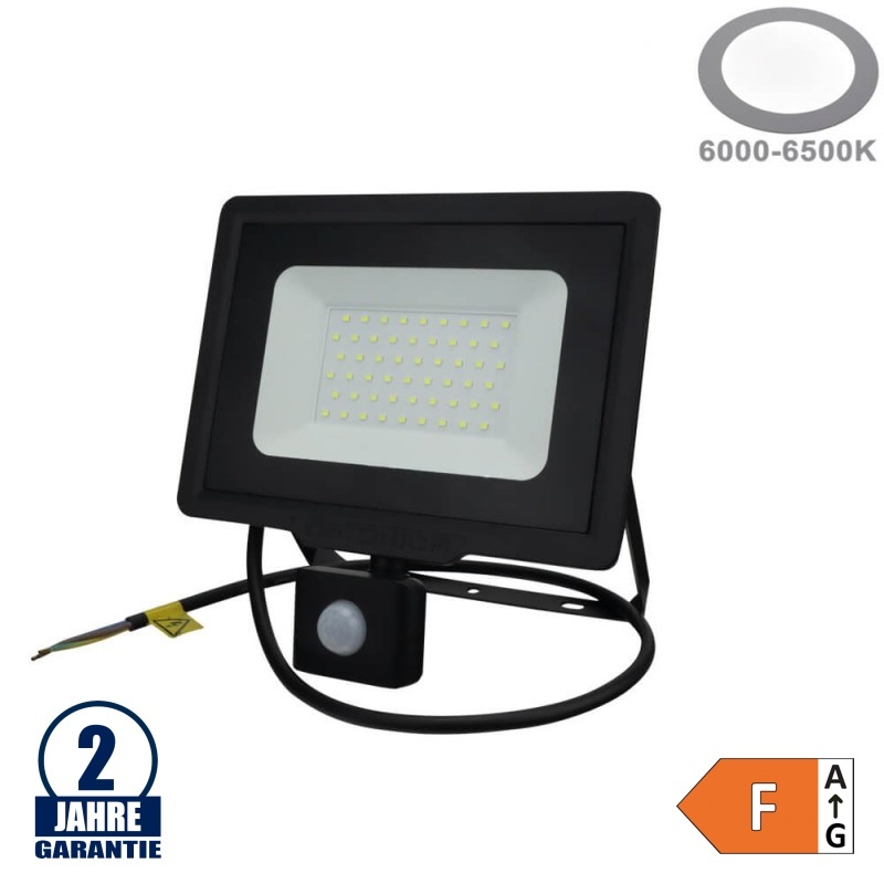 50W LED SMD Fluter mit Bewegungsmelder und 70cm Kabel Schwarz Kaltweiß