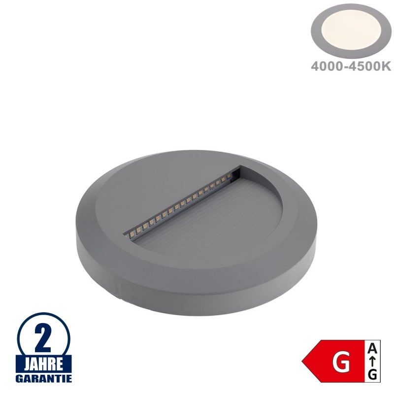2W LED Treppenleuchte Rund Grau Neutralweiß