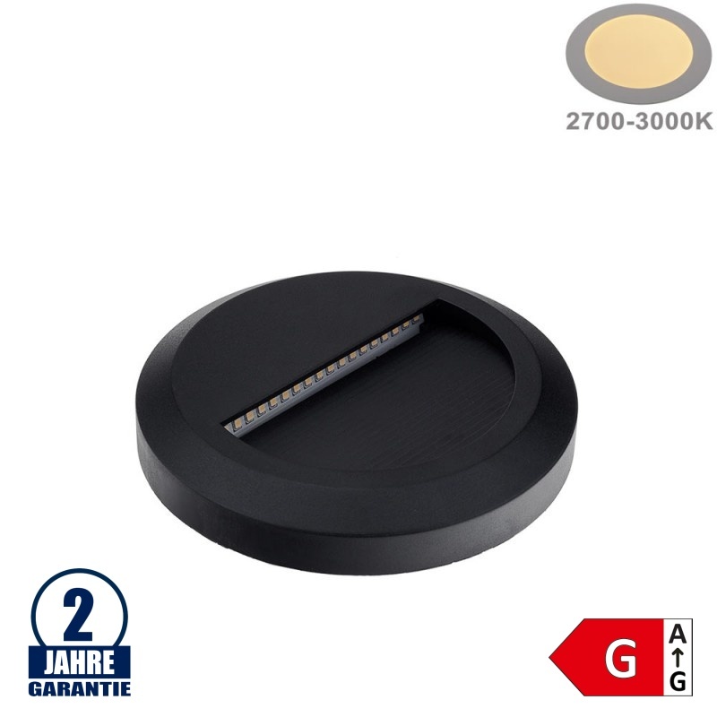 2W LED Treppenleuchte Rund Schwarz Warmweiß