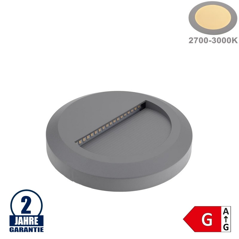 2W LED Treppenleuchte Rund Grau Warmweiß