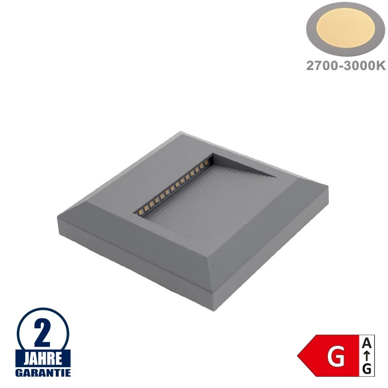 2W LED Treppenleuchte Quadratisch Grau Warmweiß