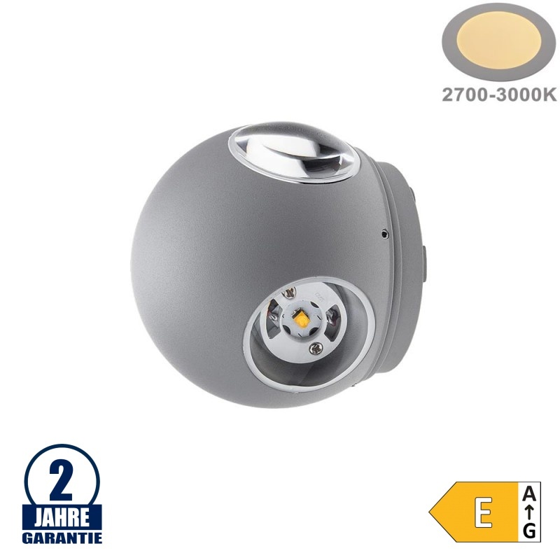 4W LED Wandleuchte Kugel Up and Down, Left and Right Grau IP54 Warmweiß
