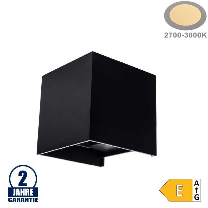 6W LED Wandleuchte Würfel Up and Down Schwarz IP54 Warmweiß