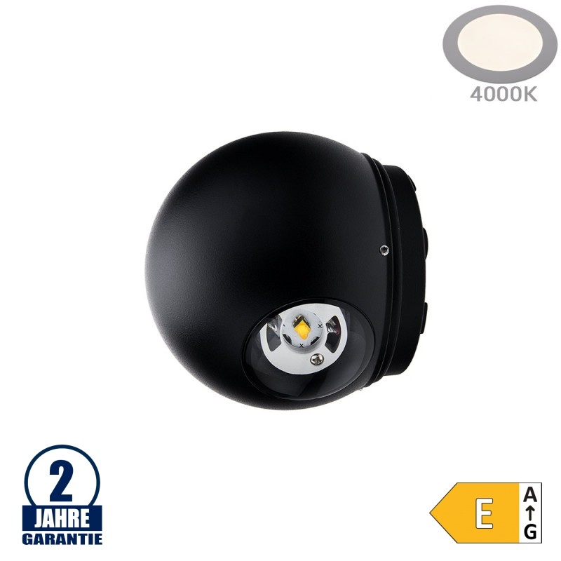 6W LED Wandleuchte Kugel Up and Down Schwarz IP54 Neutralweiß