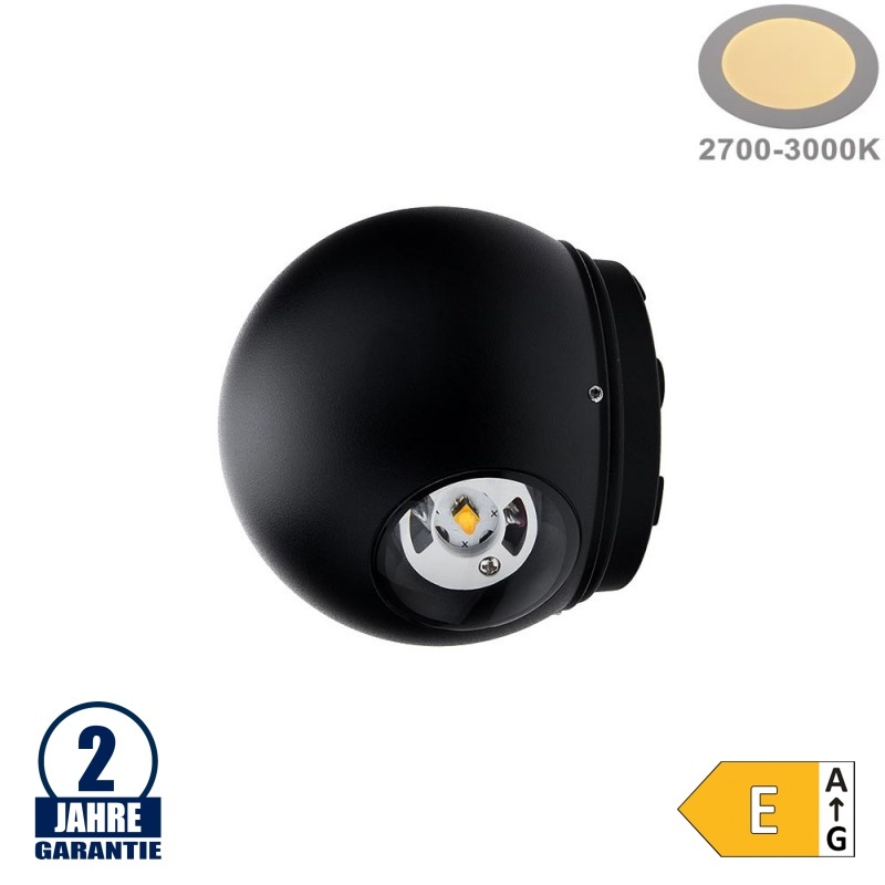 6W LED Wandleuchte Kugel Up and Down Schwarz IP54 Warmweiß