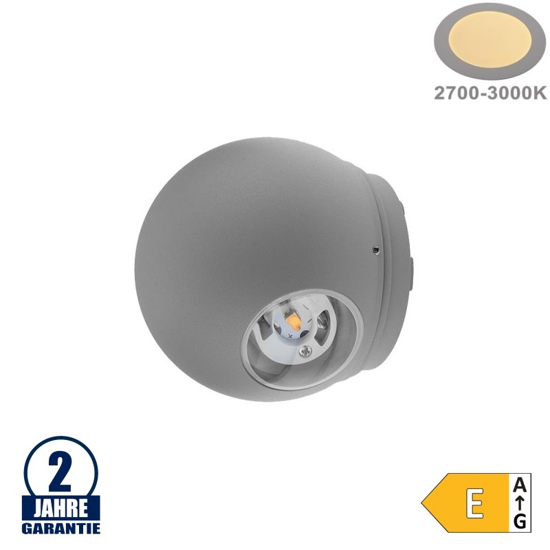 6W LED Wandleuchte Kugel Up and Down Grau IP54 Warmweiß