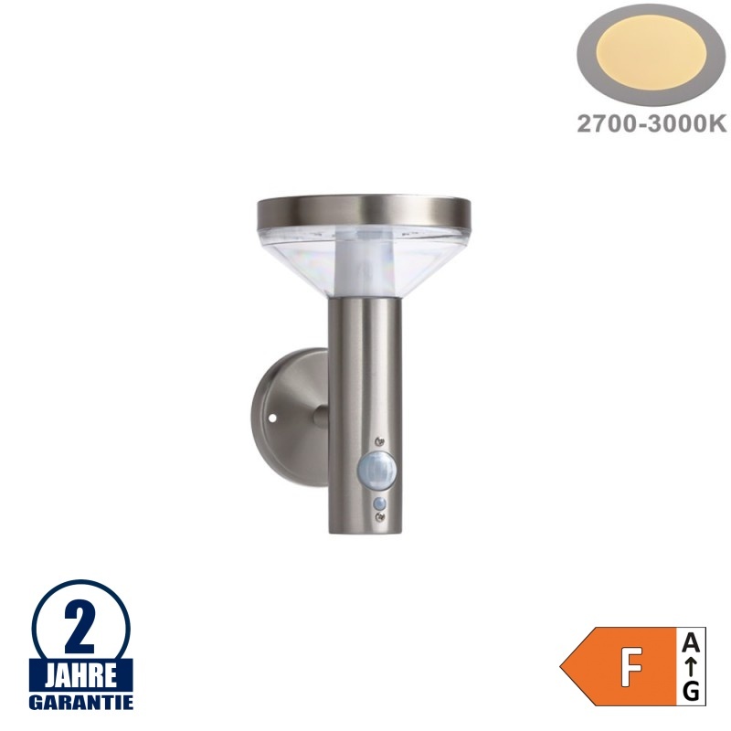 2W LED Solar Wandleuchte mit PIR Sensor INOX Warmweiß IP44
