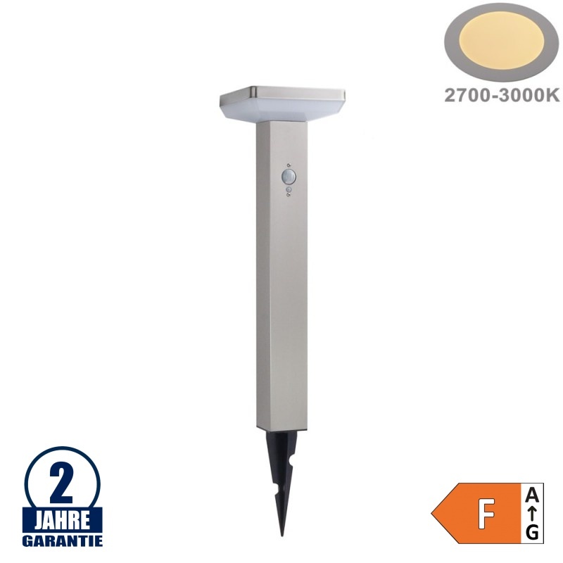 4,4W LED Solar Gehwegleuchte mit PIR Sensor und Erdspieß Eckig INOX Warmweiß IP44