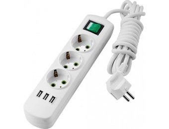 Steckdosenleiste mit Schalter u. USB Anschlüssen 3-fach 3m Kabel 250V/16A