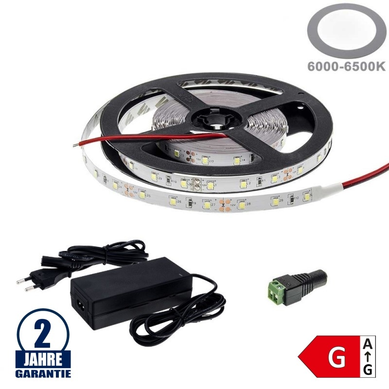 60SMD/m 4,8W/m 12V LED Streifen 3528 Kaltweiß 5m SET