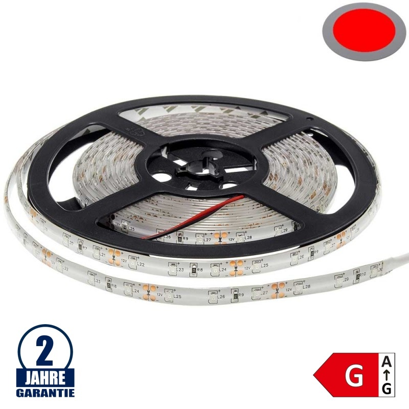 60SMD/m 4,8W/m 12V LED Streifen 3528 Rot Spritzwassergeschützt 5m