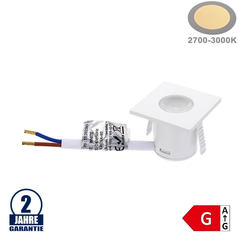 1W Möbeleinbauspot 230V Quadratisch Weiß Warmweiß