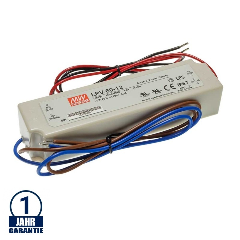 MEAN WELL 60W 12V DC Kunststoff Netzteil Wassergeschützt IP67