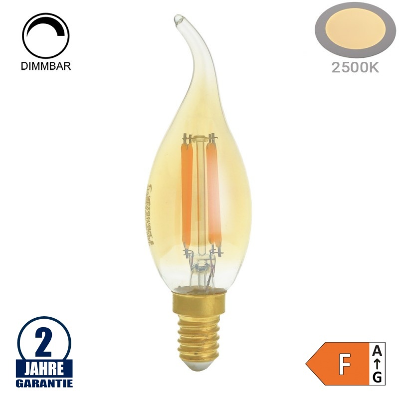 4W LED Vintage E14 C35 Windstoßkerze Gold Glas Warmweiß 2500K Dimmbar