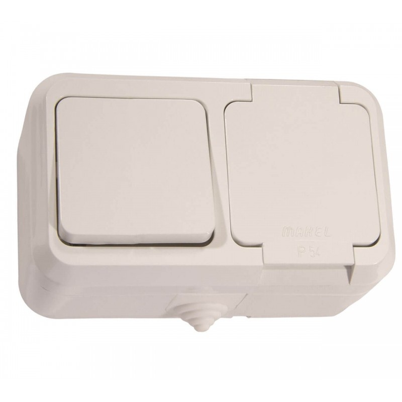 Aufputz Kombi Feuchtraum-Schalter u. Steckdose IP44 weiß 250V/16A