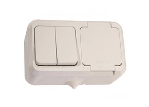 Aufputz Kombi Feuchtraum-Doppelschalter u. Steckdose IP44 weiß 250V/16A