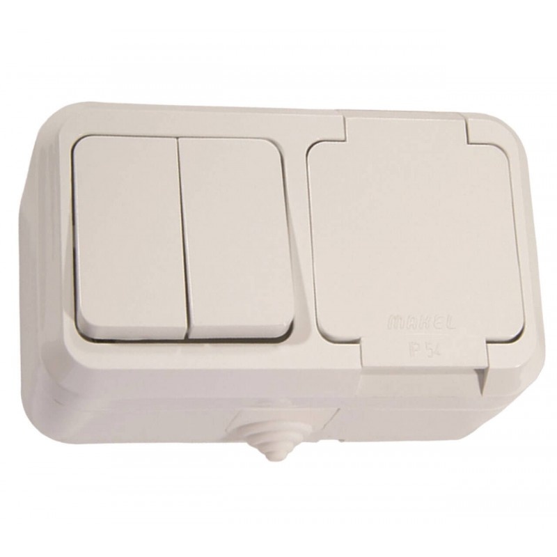 Aufputz Kombi Feuchtraum-Doppelschalter u. Steckdose IP44 weiß 250V/16A