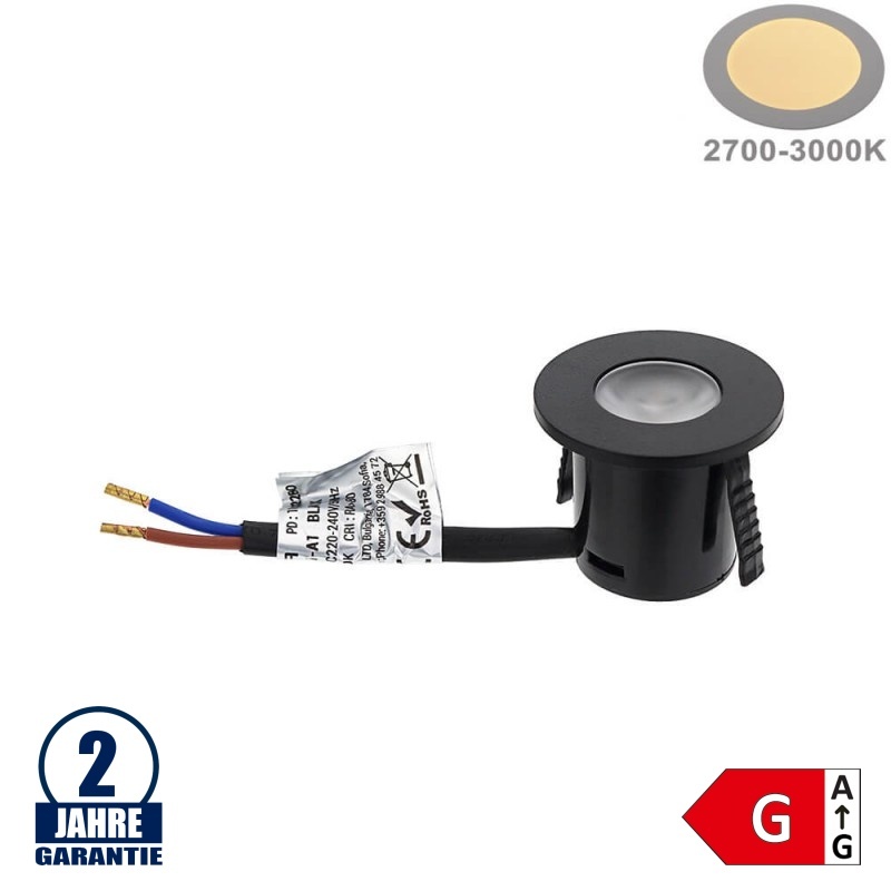 1W Möbeleinbauspot 230V Rund Schwarz Warmweiß