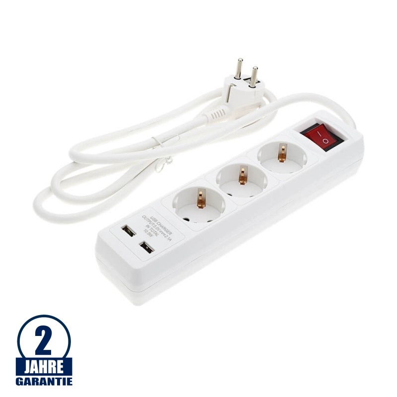 Steckdosenleiste 3-fach 1,5m Kabel 16A mit Schalter u. USB-Anschluss