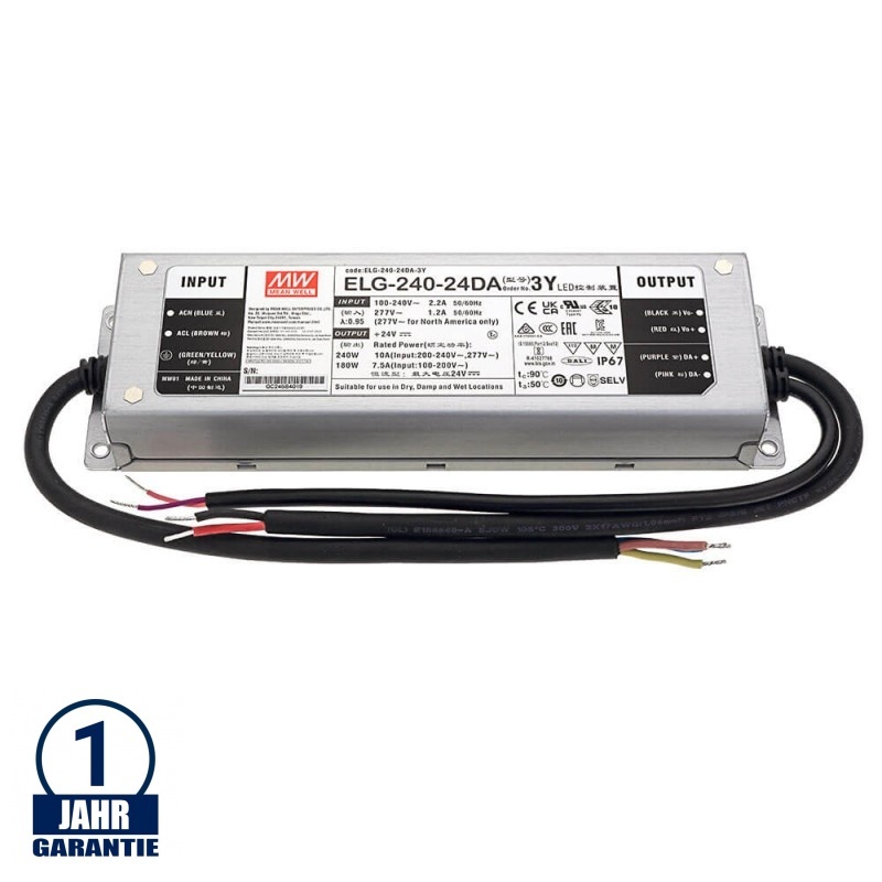 MEAN WELL 240W 24V DC Metall Netzteil Wasserdicht DALI dimmbar IP67