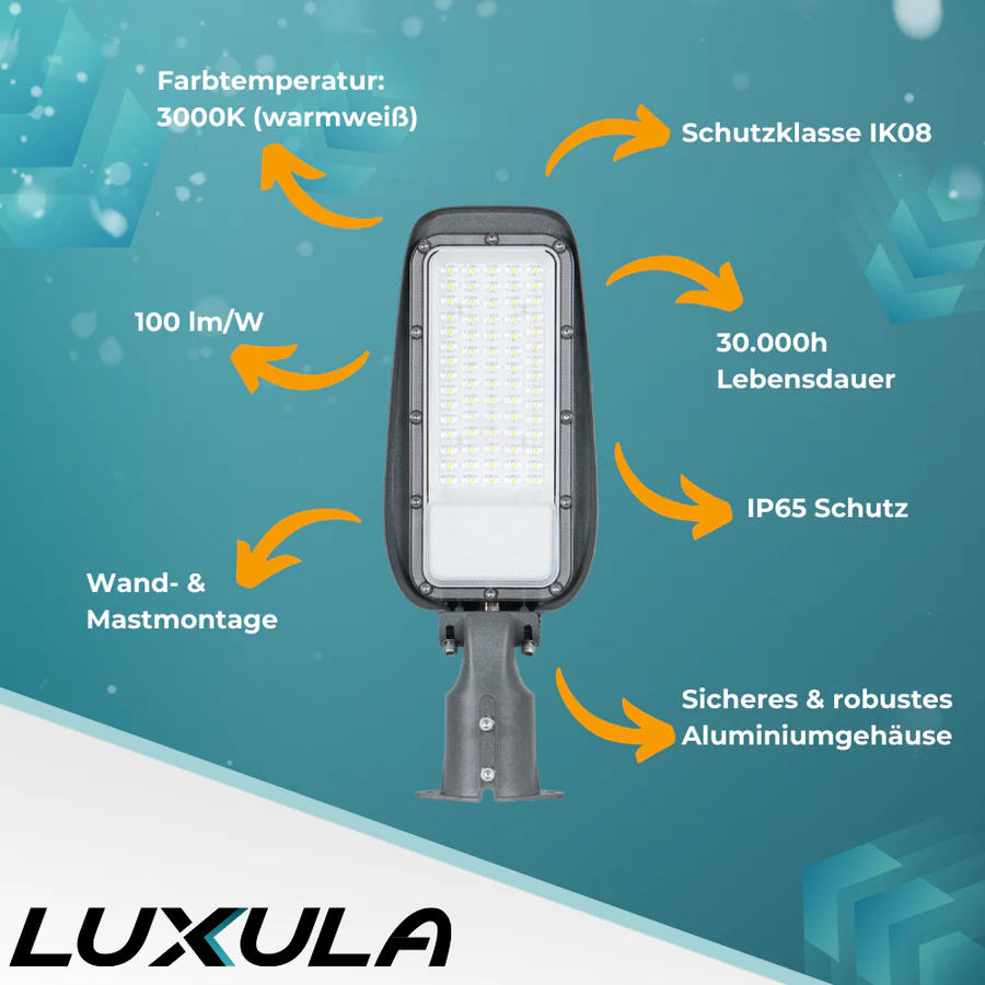 LED Straßenleuchte 50W, 3000K warmweiß, 5000lm, grau, IP65, Wand- & Mastmontage