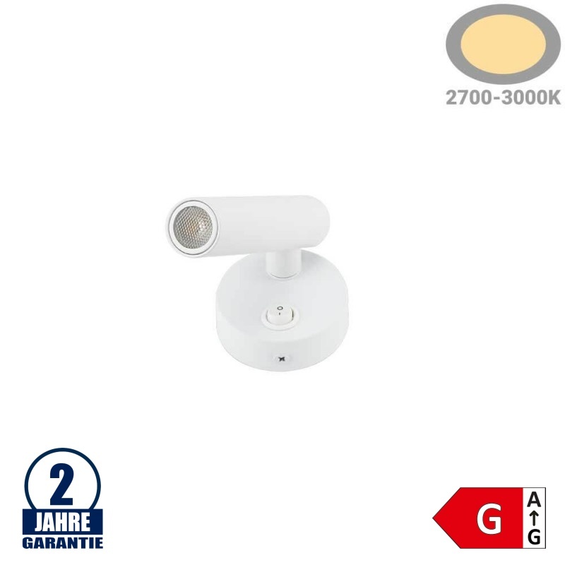 2W Wandleuchte Spot 38° Weiß mit Schalter Warmweiß