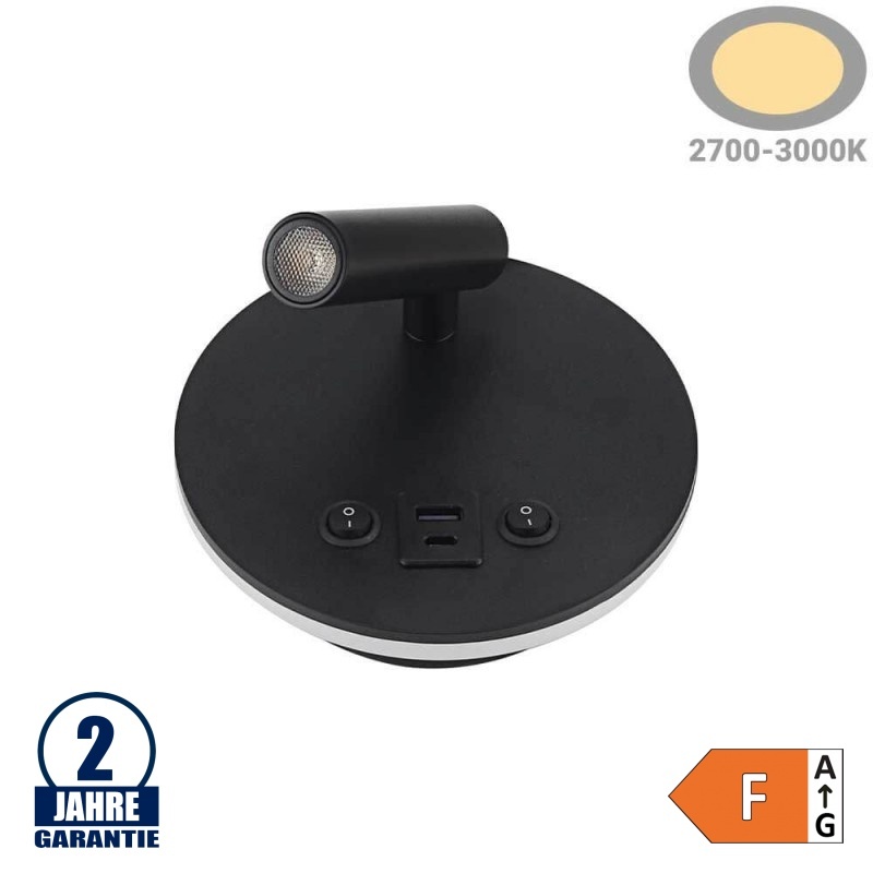 8W Wandleuchte Spot 40° Schwarz mit Schalter und USB Warmweiß