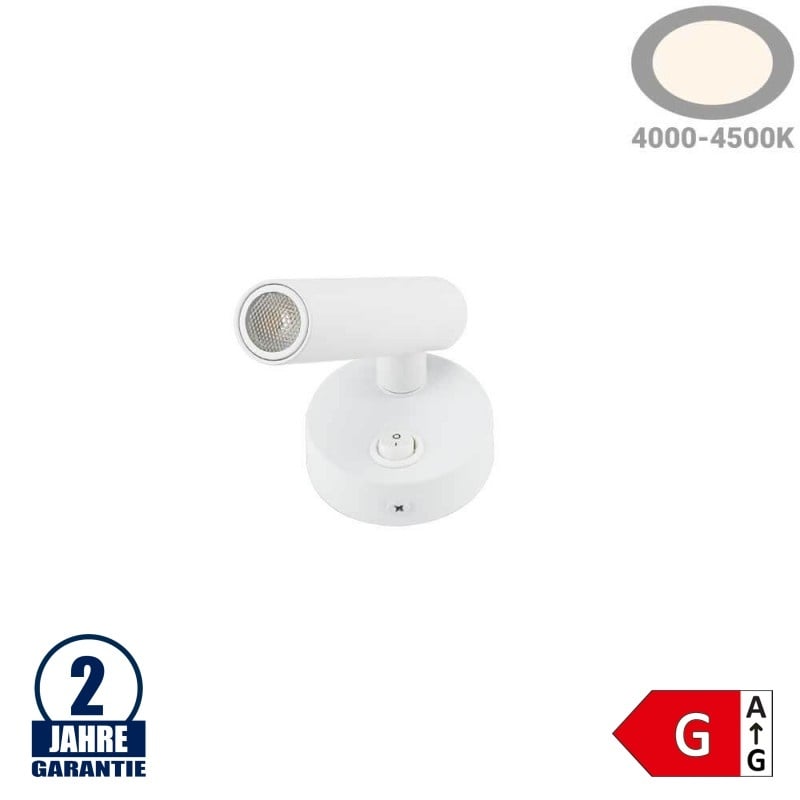 2W Wandleuchte Spot 38° Weiß mit Schalter Neutralweiß