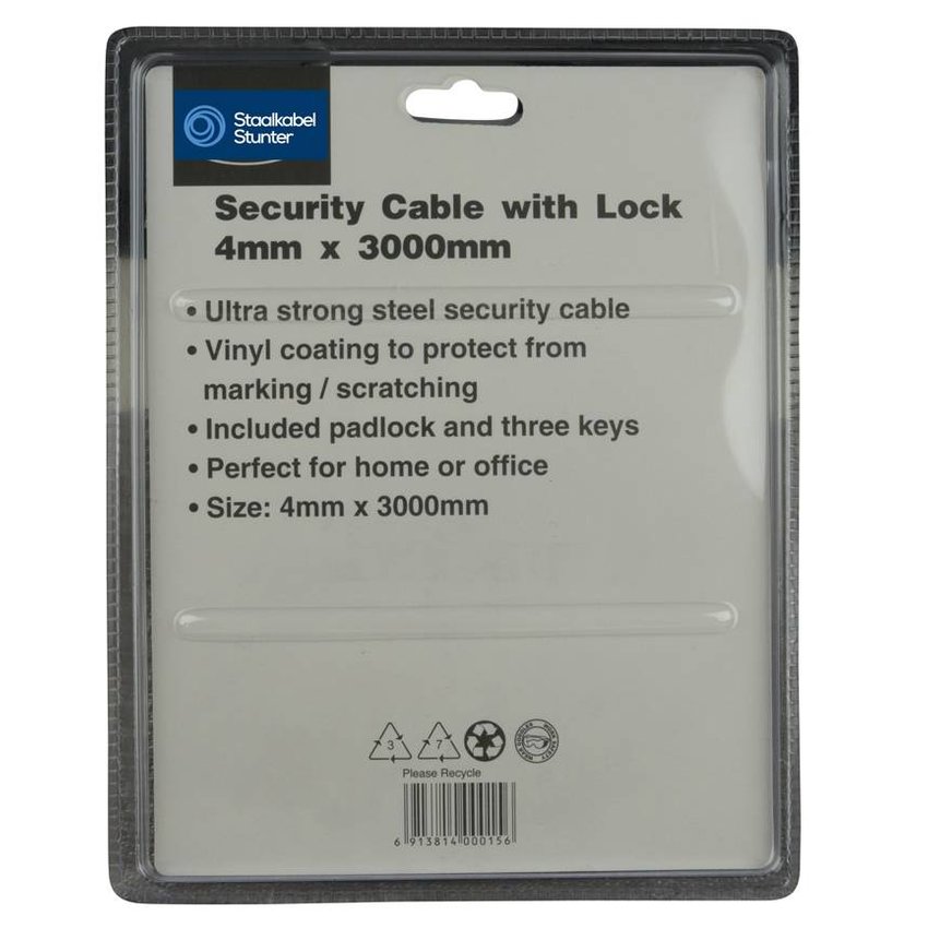 Security cable 3 meter with padlock x 4mm dia