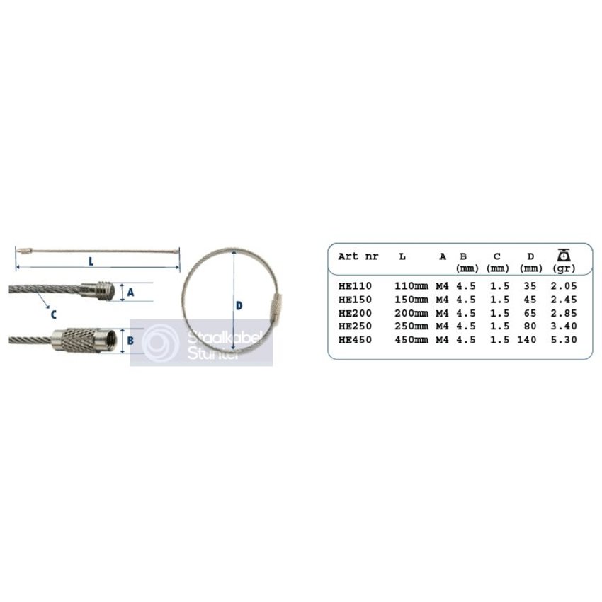 Stainless Wirerope 450 mm 'bracelet' steel wire key ring