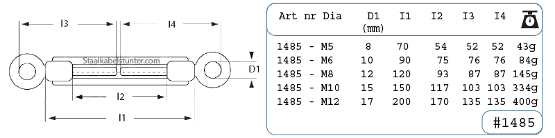 afmetingen draadspanner rvs oog-oog