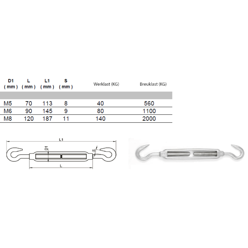 Turnbuckle stainless M8 hook-hook