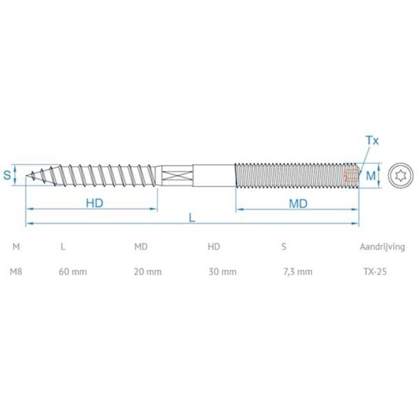 stoke end m8x60mm with hex