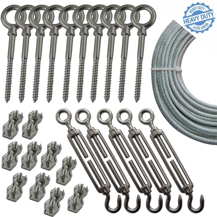 Rvs waslijndraadpakket RAMBO-staalkabel - 3/4 pvc ommanteld compleet met spanners en klemmen - 100KG