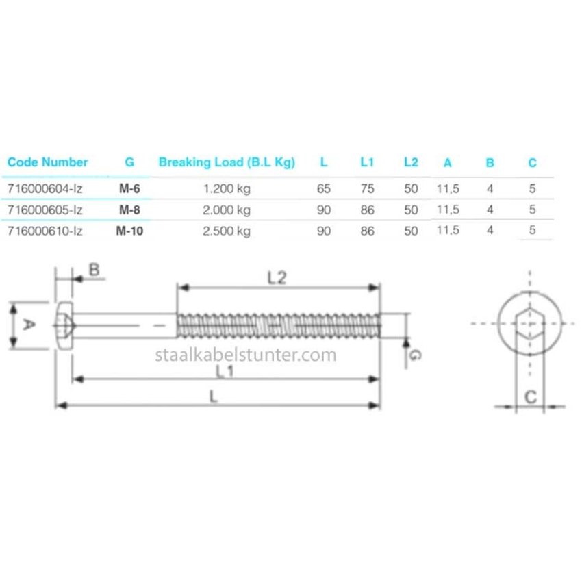 External thread terminals left M6x75 Stainless steel Bolt for railing system