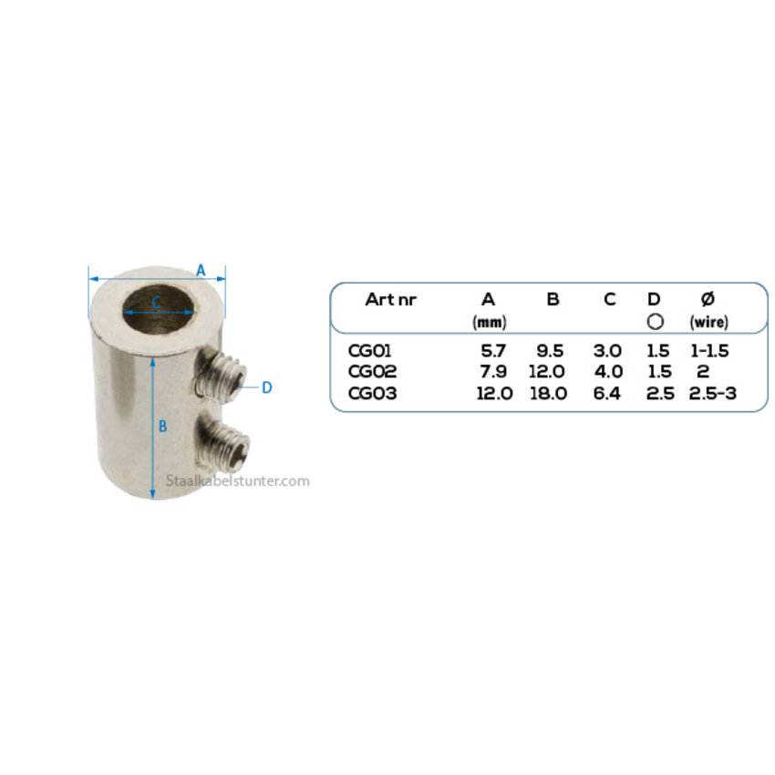 Gewindeanschlag 2.5 und 3mm verchromtes Messing mit doppelter Inbusschraube