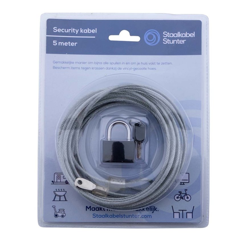 Security Kabel 5 meter met hangslot x 4mm dikte