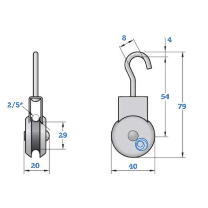 Markisenhangrolle Holzgewinde-Ringschraube Polyamidrad 32 mm  offenes Auge Schwarz